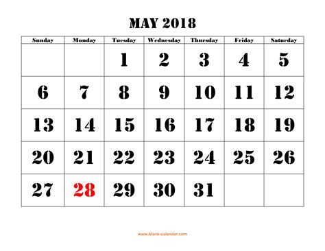 Free Download Printable May 2018 Calendar Large Font Design Holidays