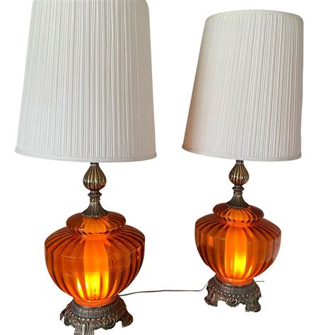 Extra Large Vintage Amber Glass Table Lamps Pair Matching Swag