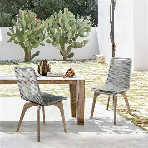 Island Outdoor Patio Gray Rope Dining Chair In Teak Finish Set Of 2
