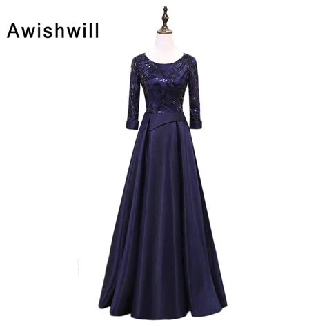 Real Photo Long Sleeve Mother Of The Bride Dresses A Line Satin Muslim Formal Party Dress Navy