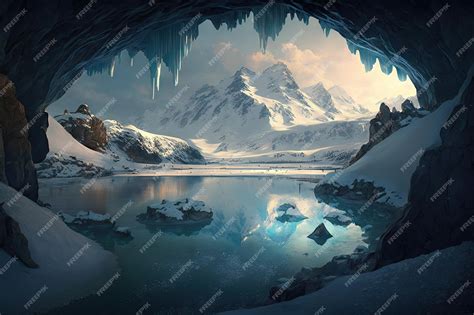 Premium Ai Image A Frozen Cavern With A Lake And Ice Formations