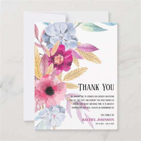 Sympathy Pink Watercolor Floral Funeral Thank You Card Zazzle