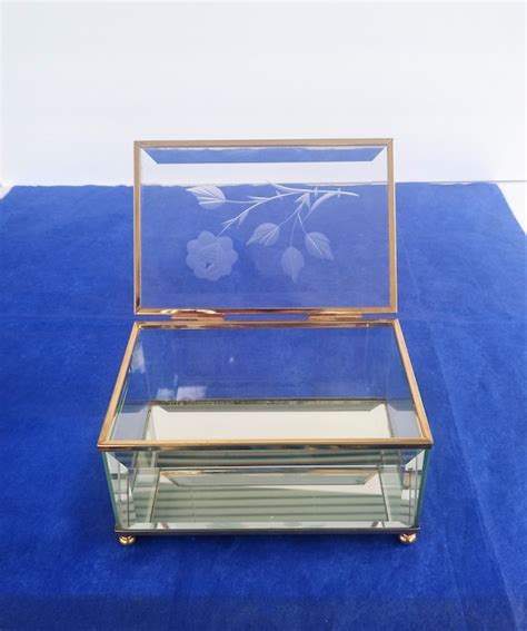 vintage etched glass jewelry box ~ brass ~ mid centur… gem