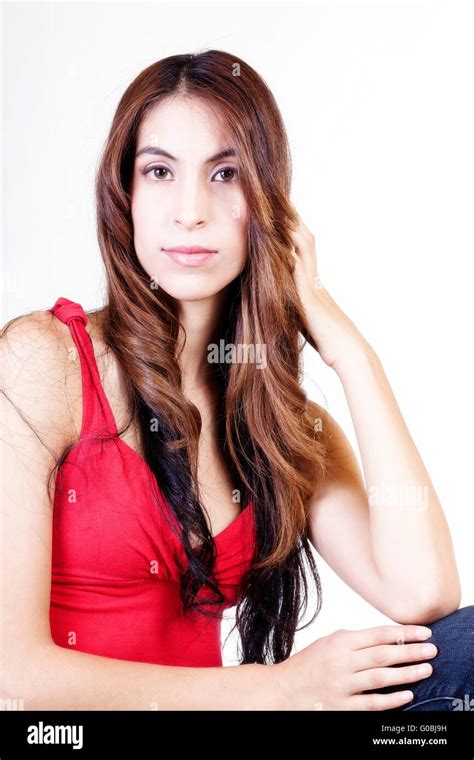 Skinny Latina Woman Standing Red Top Blue Jeans Stock Photo Alamy