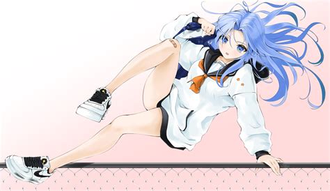 Chaesu Blue Hair Blue Eyes Anime Anime Girls Digital Art Artwork Jumping 1900x1101