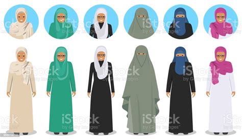 Set Of Different Standing Arab Old Women In The Traditional Muslim