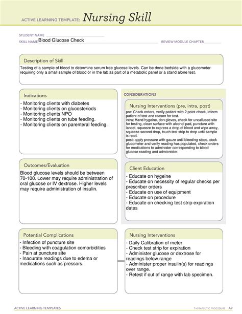 Blood Glucose Check Nursing Skill Template ACTIVE LEARNING TEMPLATES