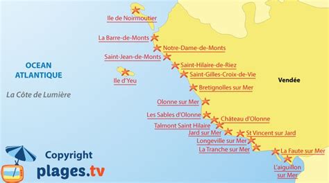 Carte des stations balnéaires et des plages de la côte de Lumière en Vendée Map Places to