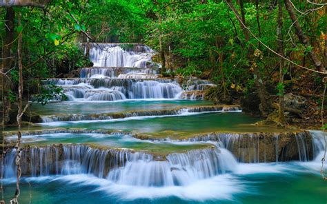 Tropical Cascade Waterfall In Kanchanaburi Thailand Nature Forest Green Turquoise Water Rocks