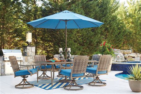 Partanna Bluebeige Dining Set With 6 Swivel Chairs And Umbrella Ez
