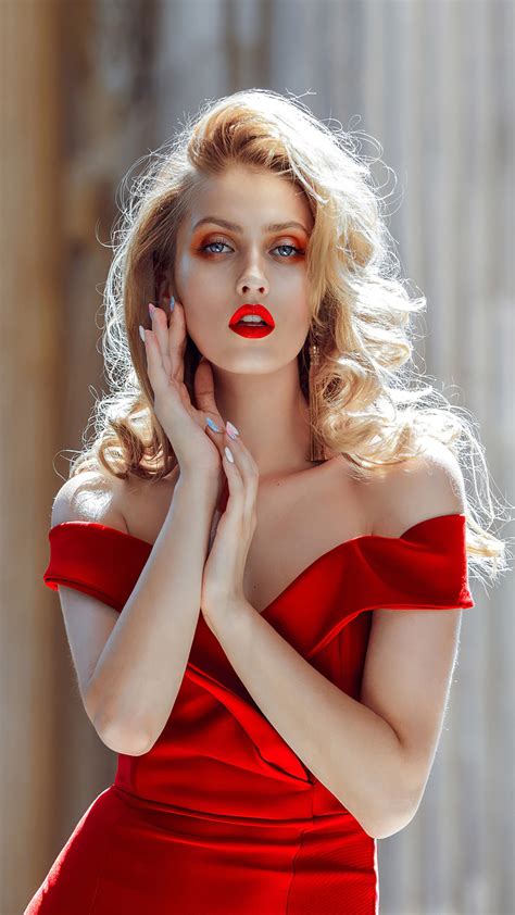 2160x3840 Red Dress Blonde Girl 4k Sony Xperia Xxzz5 Premium Hd 4k Wallpapers Images