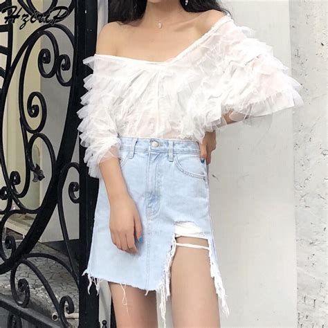 hzirip hot denim skirt women 2018 summer high waist short hole jeans skirt fashion light color