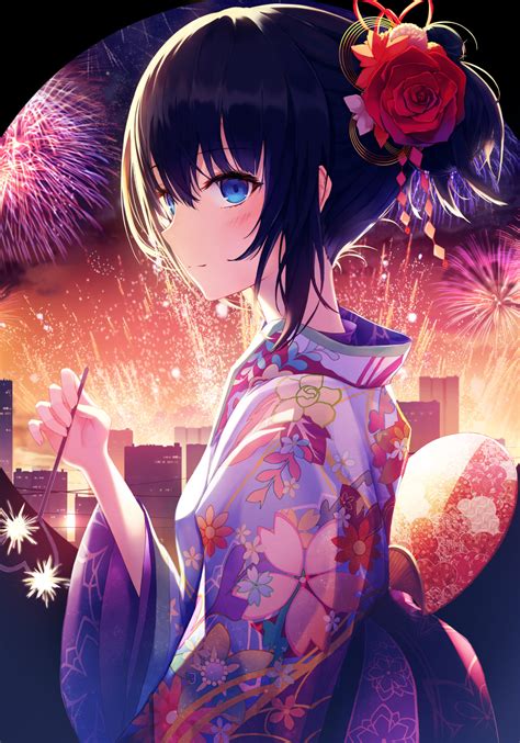 Anime Woman With Black Hair And Blue Eyes Wearing Kimono Top 20 Anime