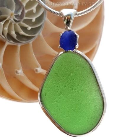 Sea Glass Duo Vivid Green And Cobalt Blue Sea Glass Pendant In Deluxe
