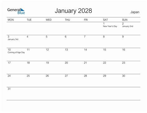 Printable January 2028 Monthly Calendar With Holidays For Japan