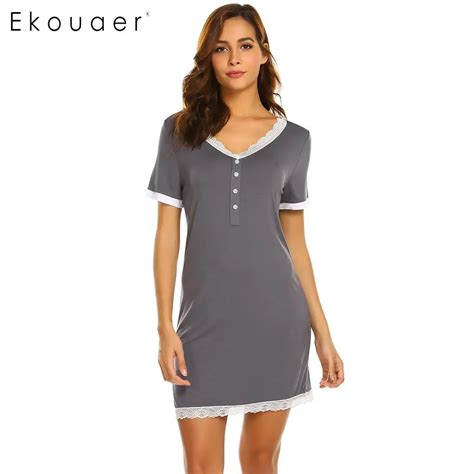 Ekouaer Women Casual Sleep Dress Nightgown Lace Patchwork Button Short Sleeve Nightdress Female