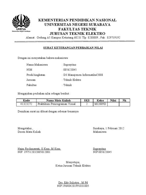 Surat Keterangan Perbaikan Nilai Pdf