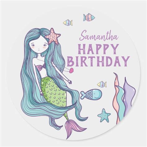 Pegatina Redonda Personalizado El Cumpleaños Feliz De La Sirena Zazzlees