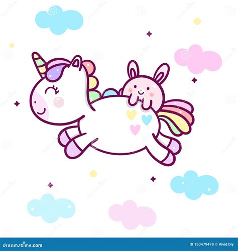 Cute Unicorn Vector Kawaii Pony Character And Bunny Rabbit Cartoon Jump