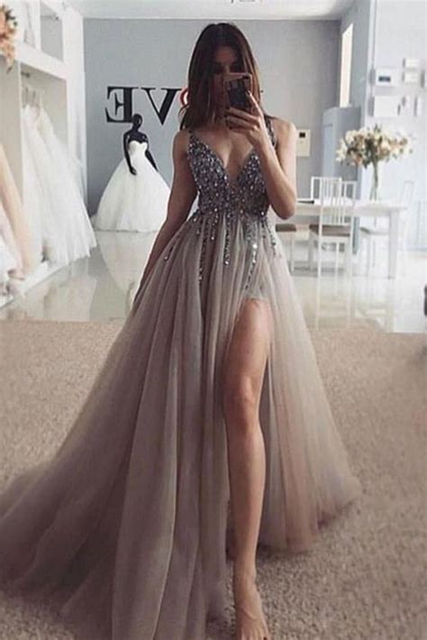 Silver Grey Prom Dress Evening Gown Graduation Party Dress Formal