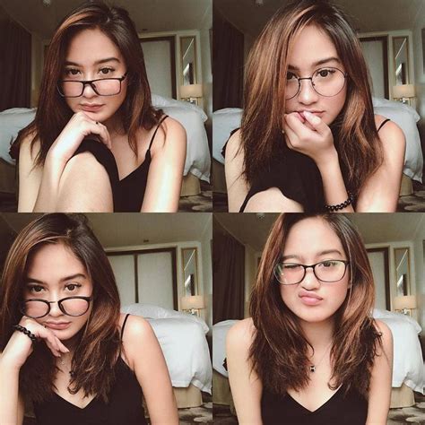 Four Pictures Of A Woman Wearing Glasses And Posing For The Camera With