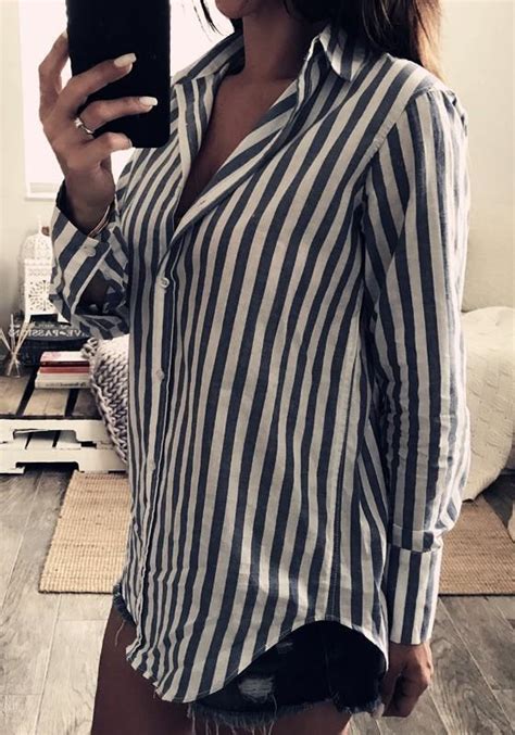 Black White Striped Single Breasted Turndown Collar Fashion Blouse Cute Blouses Blouses For