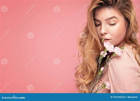 redhead woman holding beautiful flowers stock image image of flowers copy 181326233