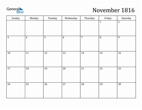 November 1816 Calendar Pdf Word Excel