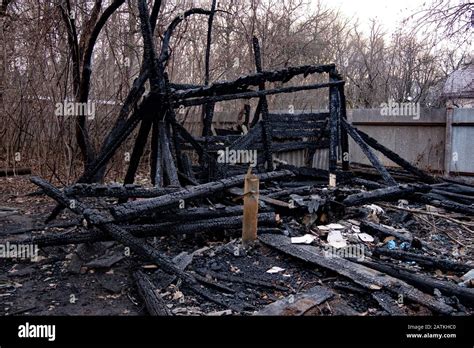 Consequences Of Fire Completely Burnt Wooden House Stock Photo Alamy