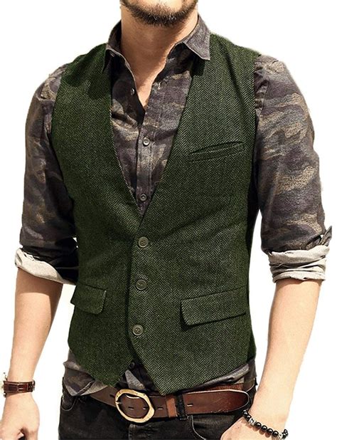 Mens Vest Army Green Slim Fit V Neck Casual Waistcoat Slim Fit Suit Vest Herringbone Tweed Wool