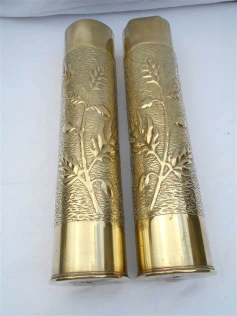 Pair Of Ww1 Trench Art Brass Artillery Shells Vases Made From 75 De C