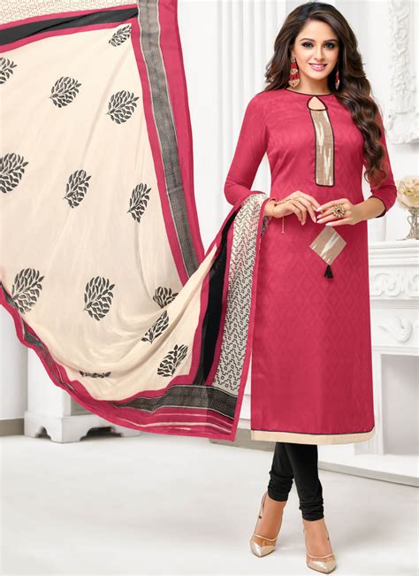 Buy Jacquard Border Churidar Salwar Kameez In Rose Pink Online 108014