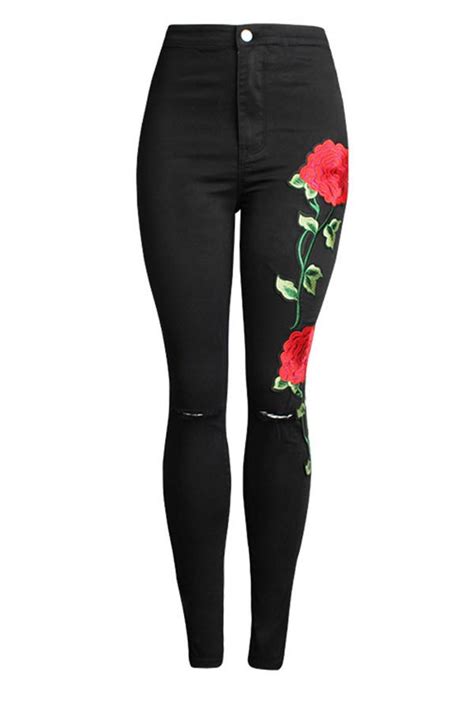 Hualong Flower Embroidered Destroyed Skinny Jeans Online Store For Women Sexy Dresses