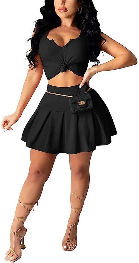 Womens Sexy 2 Piece Flare Mini Skirts Sets Sleeveless V Neck Crop Tank Top Pleated Skater Short