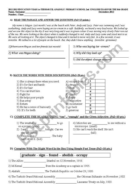 All worksheets only my followed users only my favourite worksheets only my own worksheets. 8th Grade English Exam - ESL worksheet by witchy