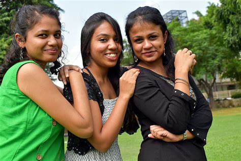 Three Beauties Feminine Indians College Girls Ladies Smiling Happiness Women Friendship