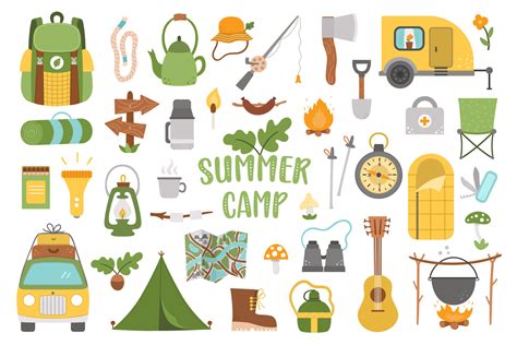 Vector Summer Camp Set Camping Hiking Fishing Equipment Collection