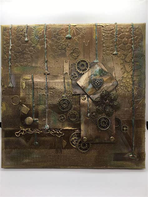 20 cool graphic art ideas diy: Golden gears wall art, steampunk canvas, mixed media wall ...