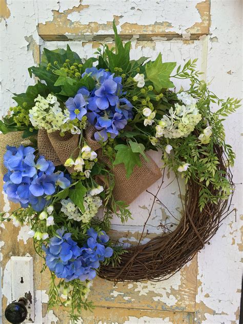Summer Wreath For Front Door Hydrangea Wreath Blue Wreath Etsy
