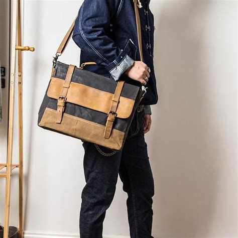 Canvas Leather Mens Side Bag Black 14 Briefcase Gray Postman Bag