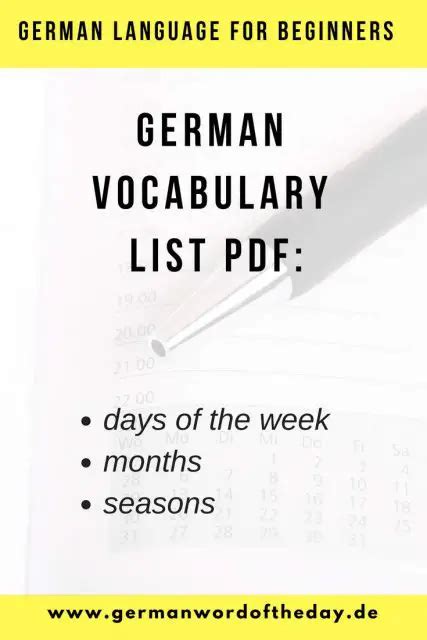 German Vocabulary List Pdf Days Of The Week Months And Seasons