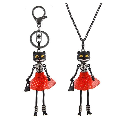 Lovely Doll Necklace Black Cat Face Pendant Long Chain New Fashion Keychain Jewelry Women Girl