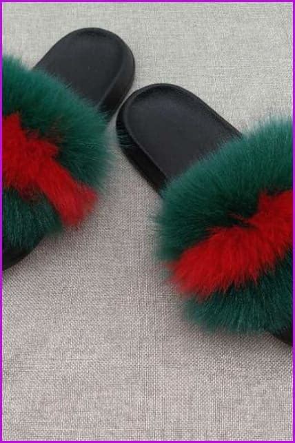 Pink Green Fox Full Pelt Fur Sliders Df003 Furdela