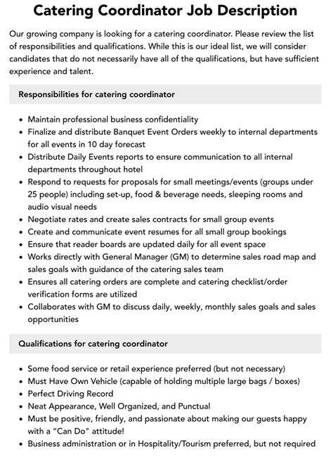 Catering Coordinator Job Description Velvet Jobs