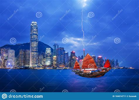 Red Sailboat Flag And Thunderstorm In Hong Kong Harbour