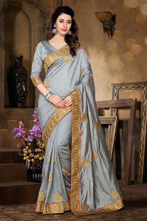 Gray Color Embroidery Work Partywear Silk Saree Only Rs 1500 Beautiful Women Pictures Desi Girl