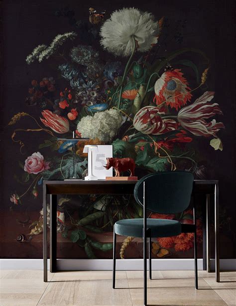 Dark Floral Wallpaper Dutch Floral Wall Mural Colorful Bouqet Etsy