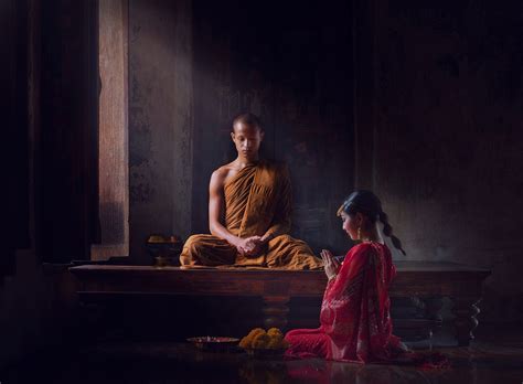 Asian Women In Thai Dress To Worship Monks In Budd By C Chaiyaporn Buddhist Worship Body