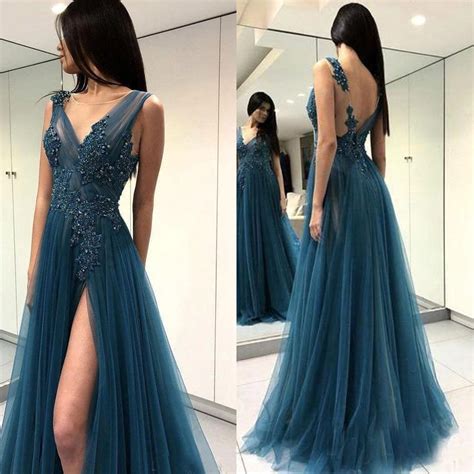 A Line Sexy Backless V Neck Split Blue Tulle Evening Gowns Floor Length Prom Dress With