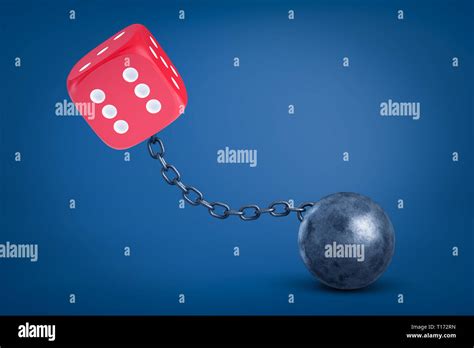 3d Rendering Of Red Dice Chained To Metal Ball On Blue Background Stock